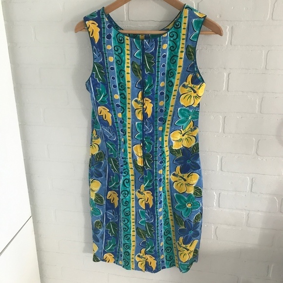 Vintage 80s Mini dress Beachy Tropical Paisley Floral Aloha Print Blue/Yellow S - Picture 7 of 7